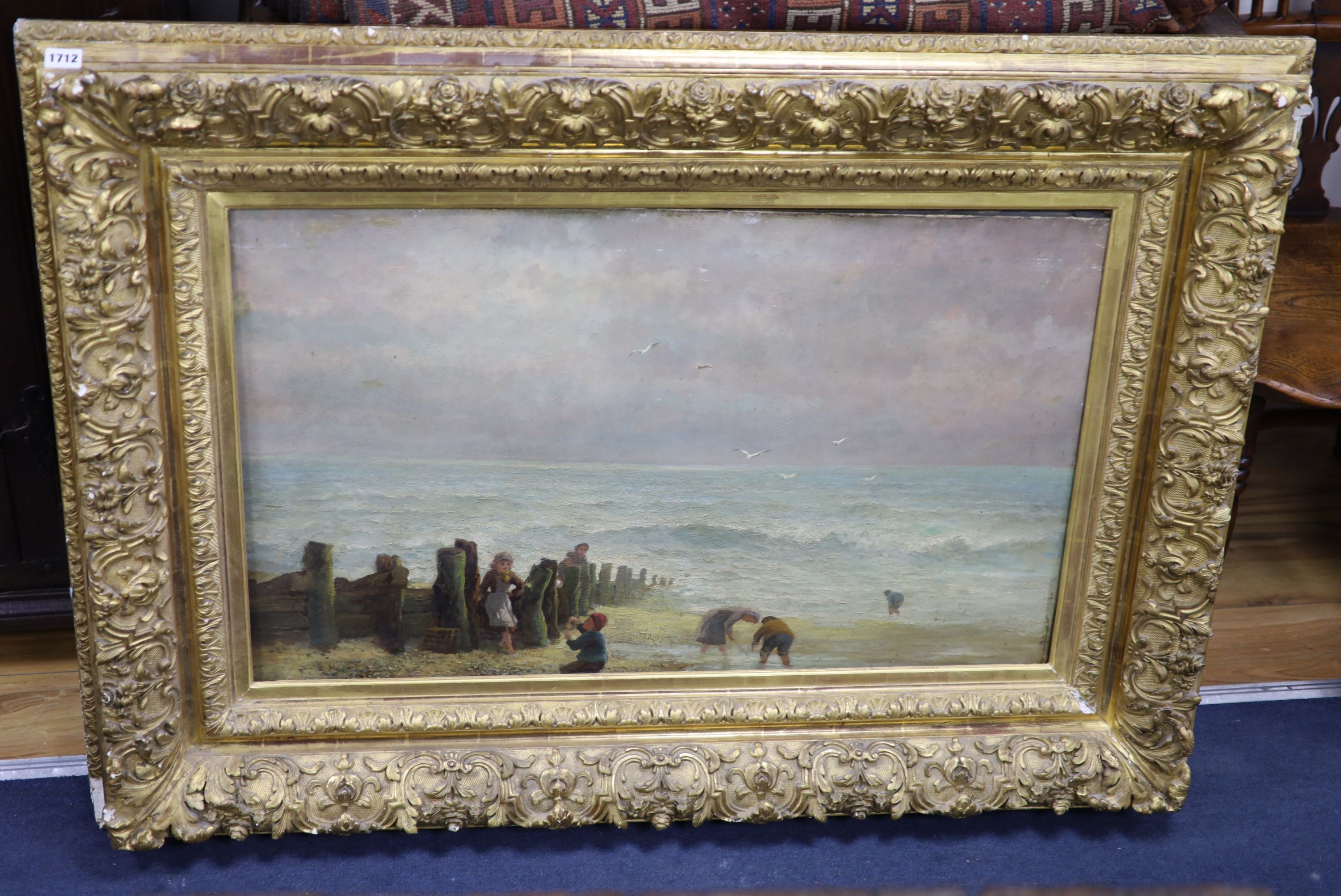 After Eugene Boudin, oil on canvas, children on the beach, 1899 Exposition Eugene Boudin label verso, 61 x 92cm.